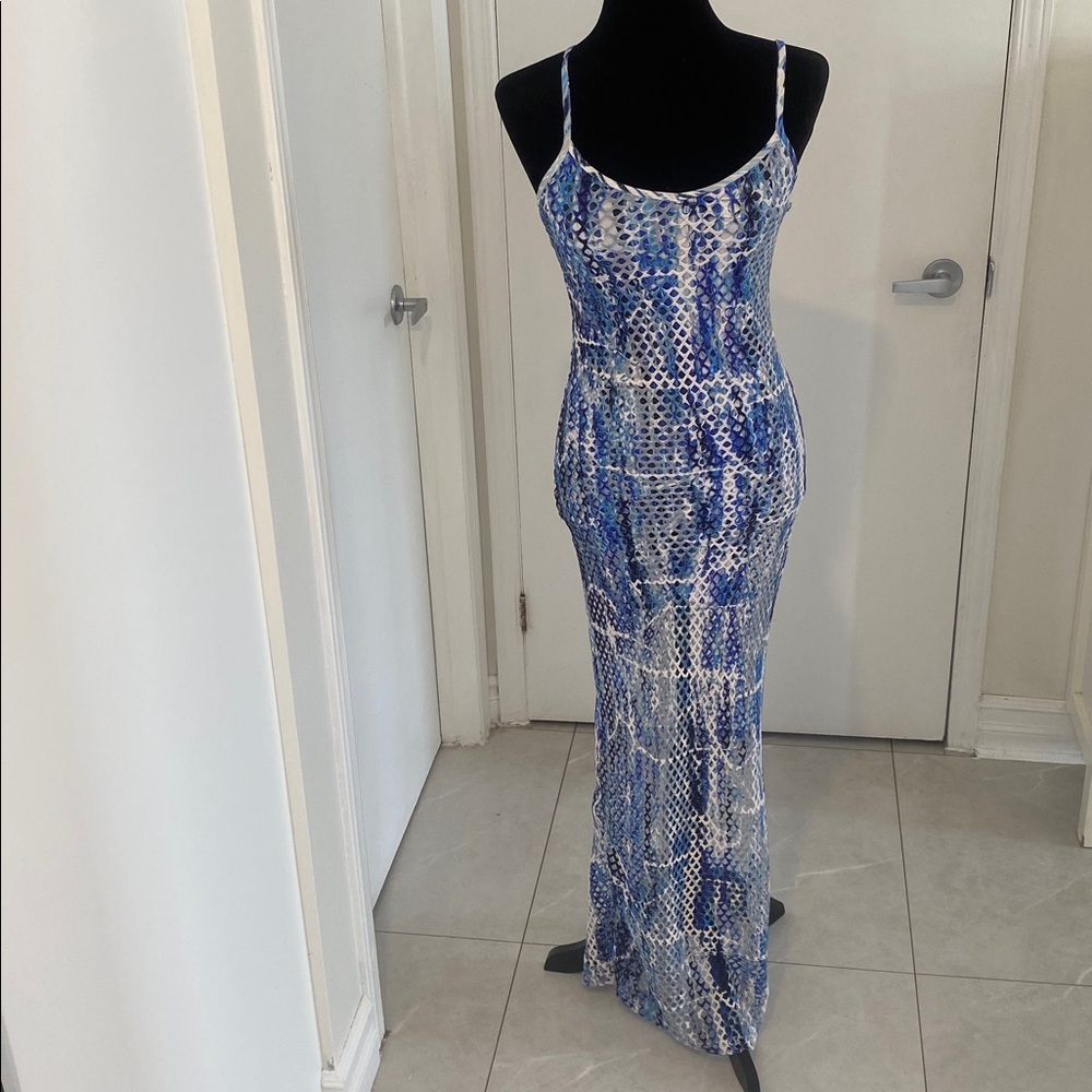 Maxi Beach cover-up Dress in Blue/white/black Mesh /lining Size Small